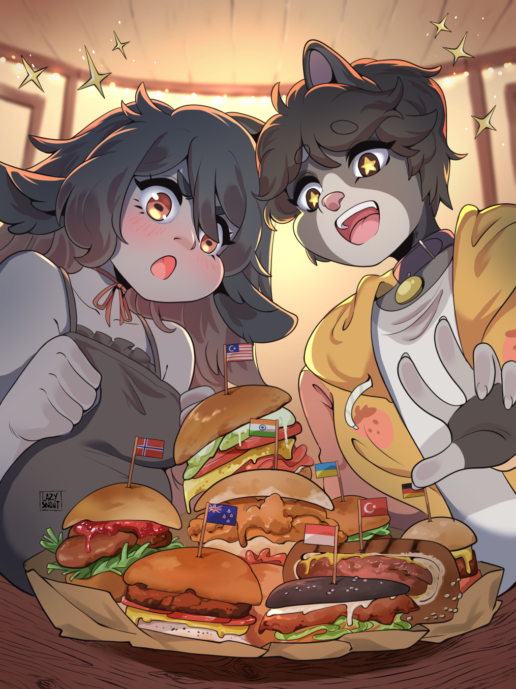 anthro blush bovid bow_ribbon burger canid canine canis caprine clothing collar cozy domestic_dog duo excited eyebrows food goat hair hi_res hoodie horizontal_pupils lazysnout mammal messy_hair pupils restaurant shirt smile sparkles tank_top thick_eyebrows topwear yuki_(lazysnout)