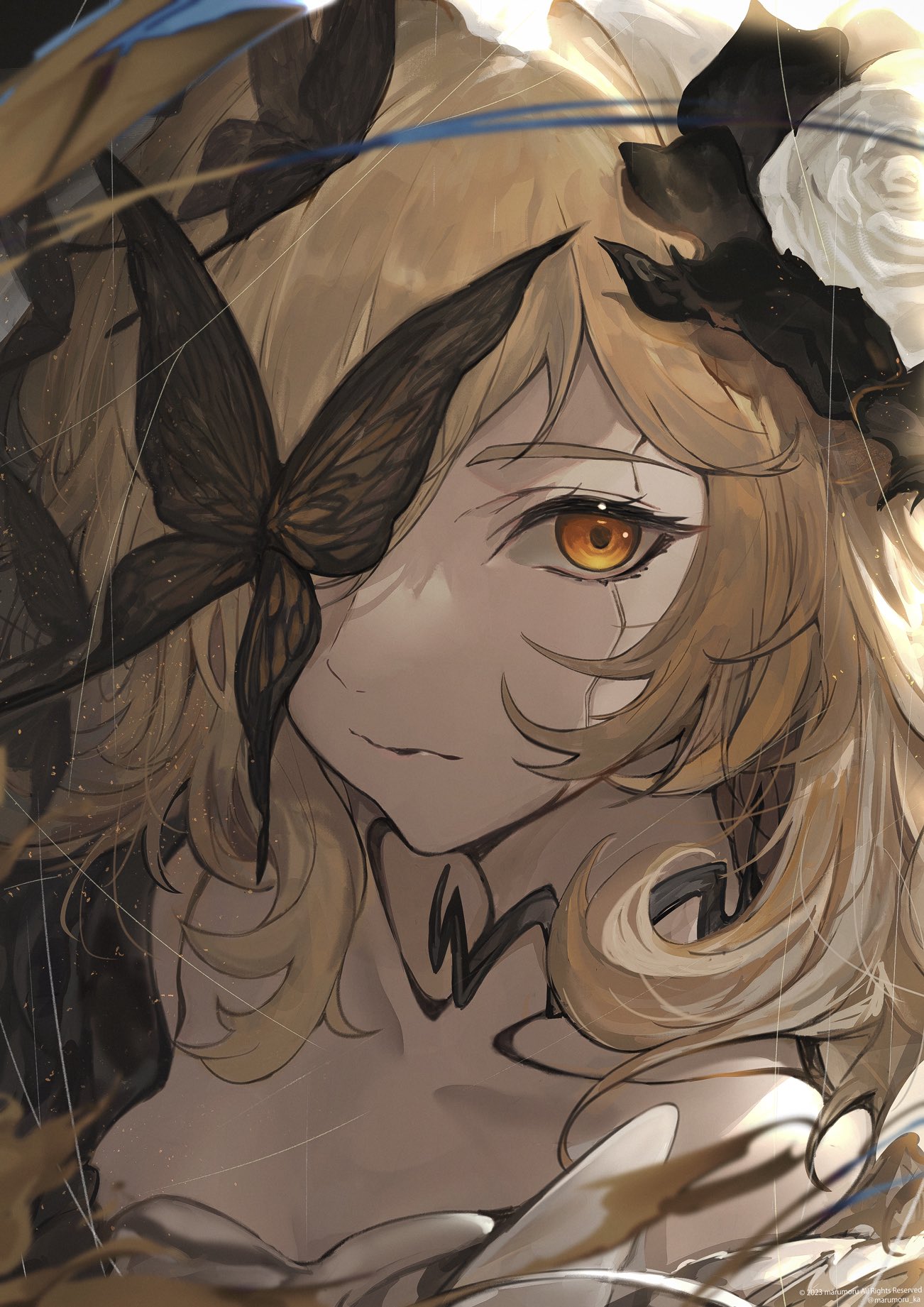 1girl black_butterfly blonde_hair breasts bug butterfly character_request cleavage collarbone copyright_request cracked_skin expressionless flower hair_over_one_eye highres looking_at_viewer marumoru medium_breasts rose single_bare_shoulder solo white_flower white_rose yellow_eyes