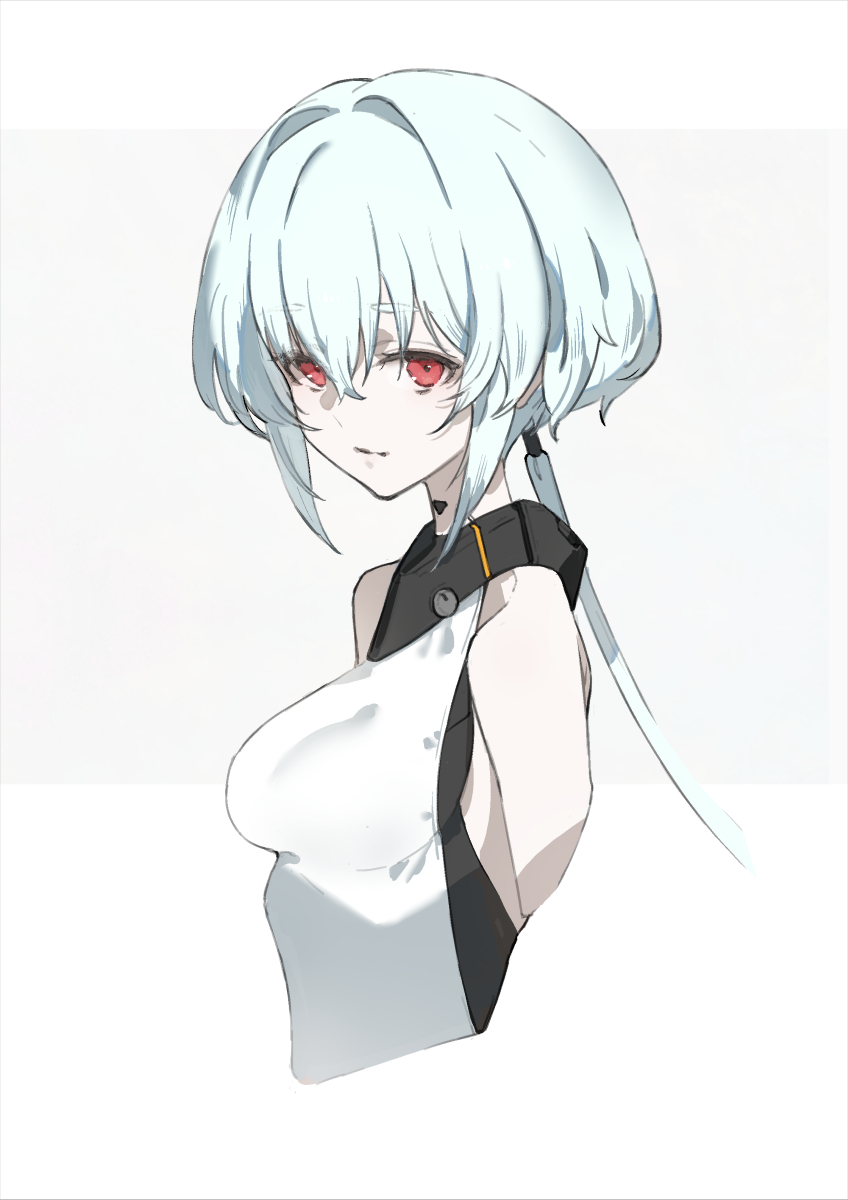 1girl bare_shoulders commentary dress from_side hair_between_eyes highres looking_at_viewer looking_to_the_side neco noir_(synduality) simple_background sleeveless sleeveless_dress solo synduality upper_body white_background white_dress