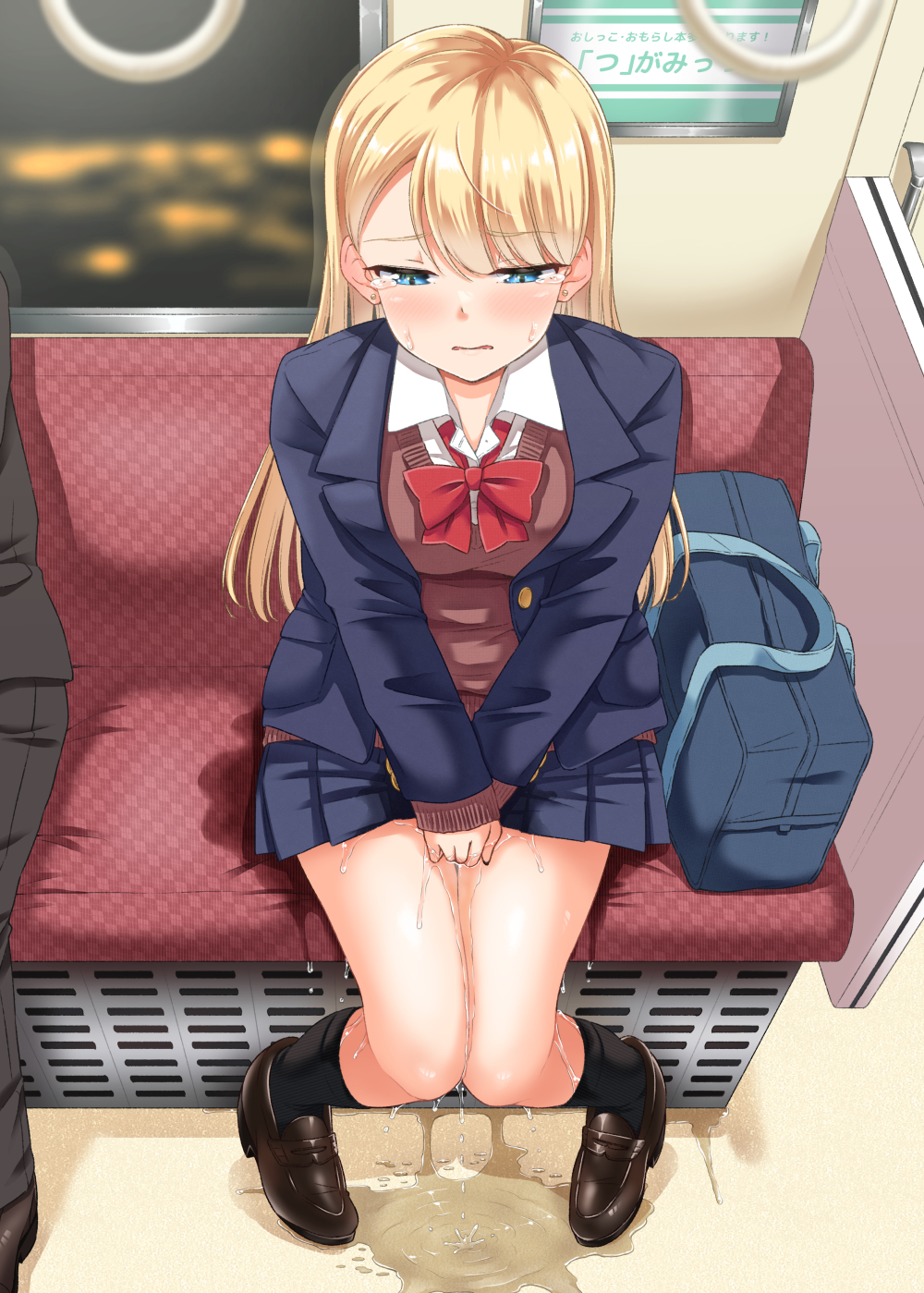 1girl bag between_legs black_footwear black_socks blazer blonde_hair blue_eyes blue_jacket blue_skirt blush bow bowtie collared_shirt comiket_103 commentary_request ear_piercing full_body half-closed_eyes hand_between_legs highres jacket knees_together_feet_apart layered_sleeves long_hair miniskirt original parted_lips pee peeing peeing_self piercing pigeon-toed pleated_skirt puddle red_bow red_bowtie red_sweater_vest school_bag school_uniform shirt shoes sitting skirt socks solo sweater_vest tears train_interior tsuttsu white_shirt