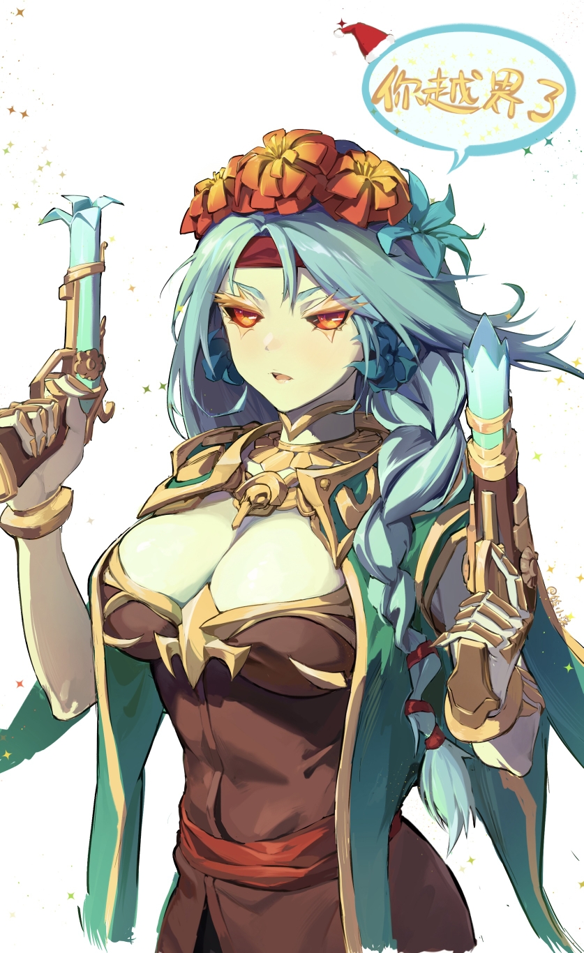 1girl antique_firearm braid breasts brown_dress cape cleavage cleavage_cutout clothing_cutout colored_skin dota_(series) dota_2 dress dual_wielding firelock flintlock flower green_cape green_hair green_skin gun hair_ornament highres holding holding_gun holding_weapon large_breasts ling_luo_xi_yang muerta_(dota_2) open_mouth orange_eyes orange_flower simple_background solo upper_body weapon white_background