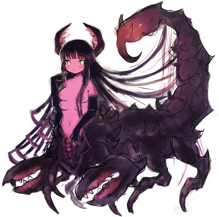 1girl arthropod_girl black_hair black_skin carapace colored_skin completely_nude english_commentary extra_breasts full_body gradient_eyes gradient_hair hand_up horns lapithai long_hair looking_at_viewer monster_girl multicolored_eyes multicolored_hair multicolored_skin nipples no_sclera nude open_mouth original pincers pink_hair pink_skin scorpion_girl sidelocks simple_background solo standing taur very_long_hair white_background yellow_eyes