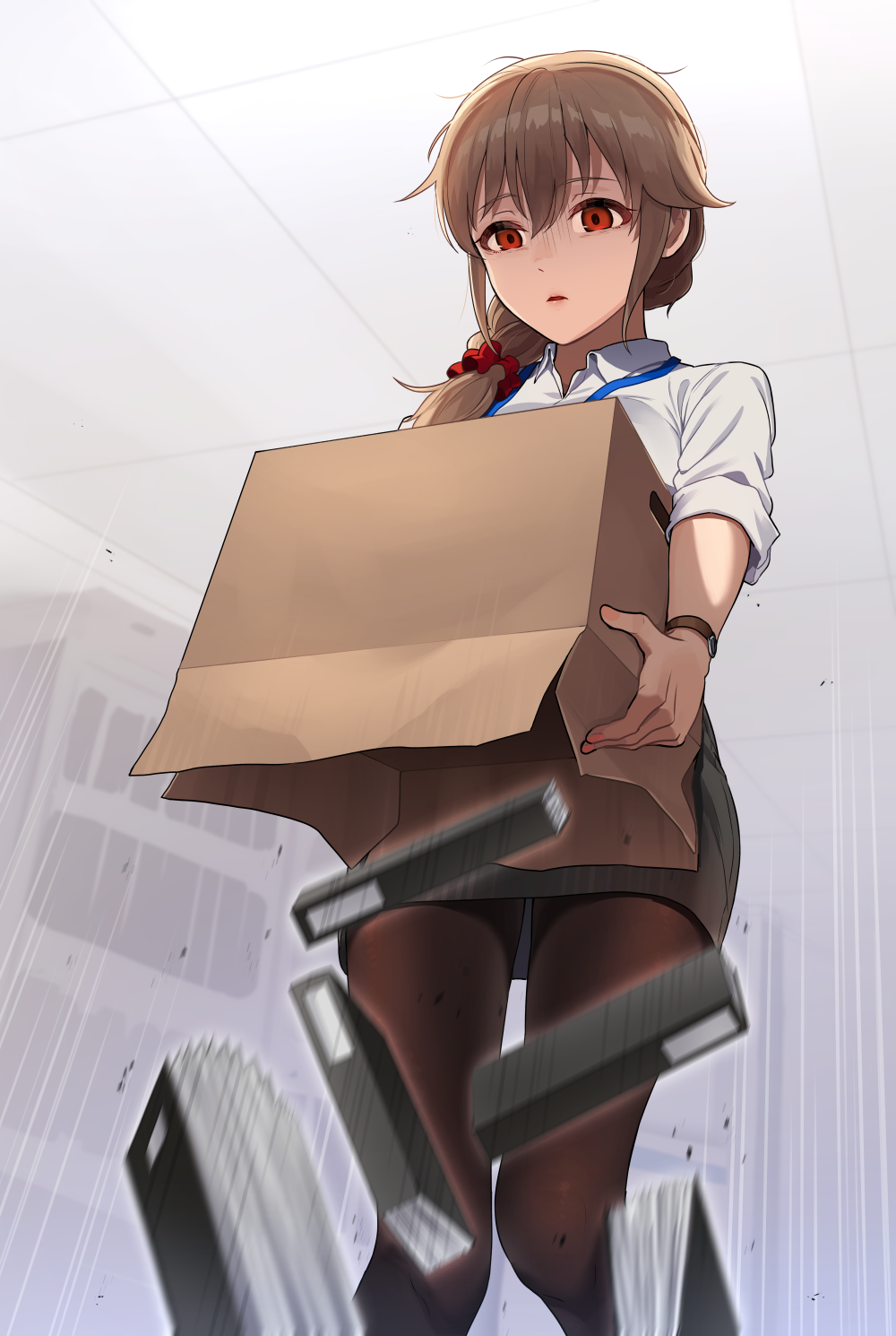1girl accident black_pantyhose black_skirt box brown_hair cardboard_box commentary dress_shirt empty_eyes feet_out_of_frame gloom_(expression) hair_ornament hair_over_shoulder hair_scrunchie half-closed_eyes highres holding holding_box idolmaster idolmaster_cinderella_girls indoors kamille_(vcx68) lanyard looking_down medium_hair miniskirt motion_blur office_lady pantyhose pencil_skirt red_scrunchie revision scrunchie senkawa_chihiro shirt short_sleeves side_ponytail skirt solo standing turn_pale watch white_shirt wing_collar wristwatch
