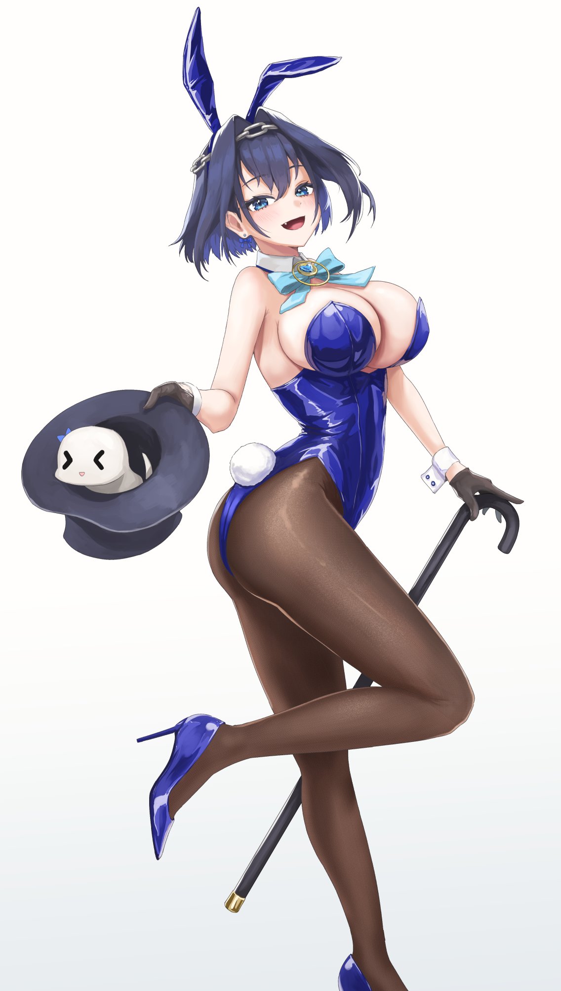 &gt;_&lt; 1girl alternate_costume animal_ears ass bare_shoulders black_gloves black_headwear blue_bow blue_bowtie blue_eyes blue_footwear blue_gemstone blue_hair blue_leotard boros_(ouro_kronii) bow bow_earrings bowtie breasts brown_pantyhose cane chain_headband commentary detached_collar earrings english_commentary fake_animal_ears fake_tail fang from_side gem gloves hair_between_eyes hair_intakes hat heart-shaped_gem high_heels highleg highleg_leotard highres holding holding_cane holding_clothes holding_hat hololive hololive_english jewelry large_breasts leotard light_blush looking_at_viewer open_mouth ouro_kronii pantyhose playboy_bunny pumps rabbit_ears rabbit_tail short_hair simple_background smile standing standing_on_one_leg strapless strapless_leotard tachibana_yuu_(shika) tail top_hat twisted_torso unworn_hat unworn_headwear virtual_youtuber white_background white_wrist_cuffs wrist_cuffs