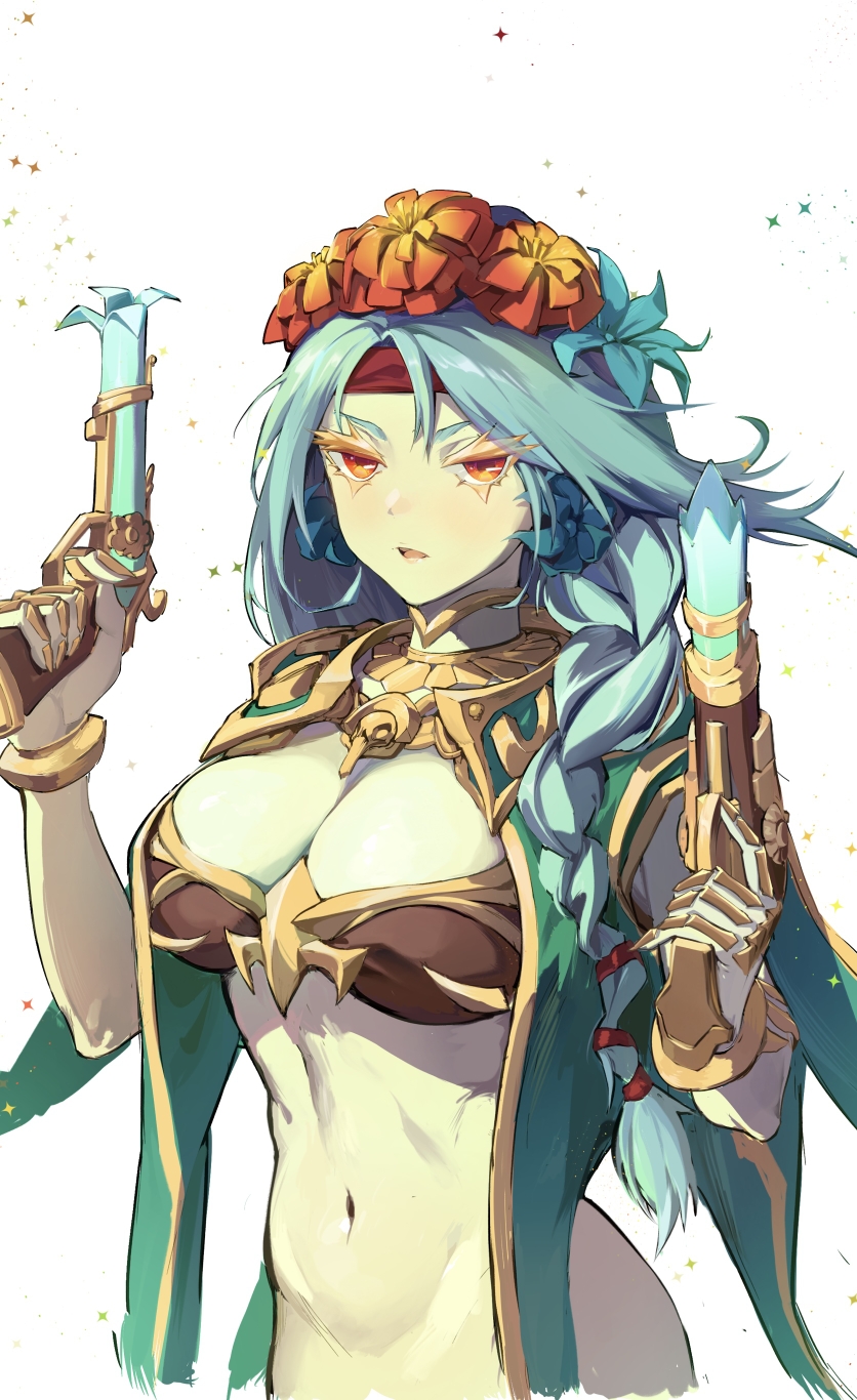 1girl antique_firearm bra braid breasts brown_bra cape cleavage cleavage_cutout clothing_cutout colored_skin dota_(series) dota_2 dual_wielding firelock flintlock flower green_cape green_hair green_skin gun hair_ornament highres holding holding_gun holding_weapon large_breasts ling_luo_xi_yang muerta_(dota_2) navel open_mouth orange_eyes orange_flower simple_background solo stomach underwear upper_body weapon white_background