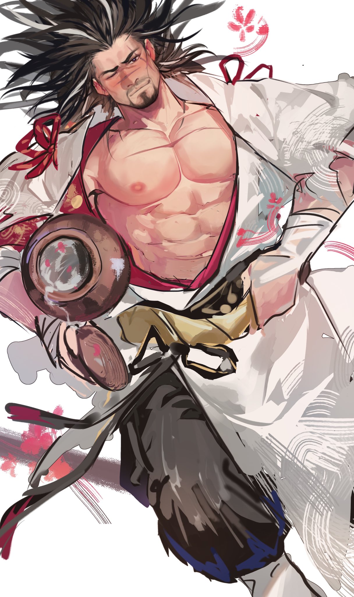 1boy abs alcohol bara bare_pectorals blush cup facial_hair from_above goatee highres japanese_clothes kimono knee_up kuroshima_kurishiro_(muyi24108414) large_pectorals long_hair looking_at_viewer lying male_focus mature_male multicolored_hair muscular muscular_male mustache_stubble navel nipples on_back one_eye_closed open_clothes open_kimono original pectorals petals sakazuki sake scar scar_on_chest seductive_smile smile solo stomach streaked_hair thick_eyebrows tokkuri unfinished white_kimono