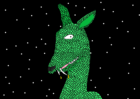 2017 ambiguous_gender anthro demon dwarf_fortress female_(lore) green_body green_scales kangaroo low_res macropod mammal marsupial microsoft_paint protruding_teeth scales simple_background solo sparky_lurkdragon star usnos_mothsucked venom