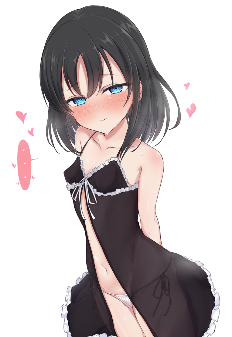 ... 1girl babydoll bare_arms bare_shoulders black_hair blue_eyes blush breasts closed_mouth collarbone cowboy_shot hair_between_eyes heart layla_(mino) looking_at_viewer navel nonono_(mino) nose_blush original panties ringed_eyes side-tie_panties simple_background small_breasts smile solo spoken_ellipsis standing sweat underwear underwear_only white_background white_panties