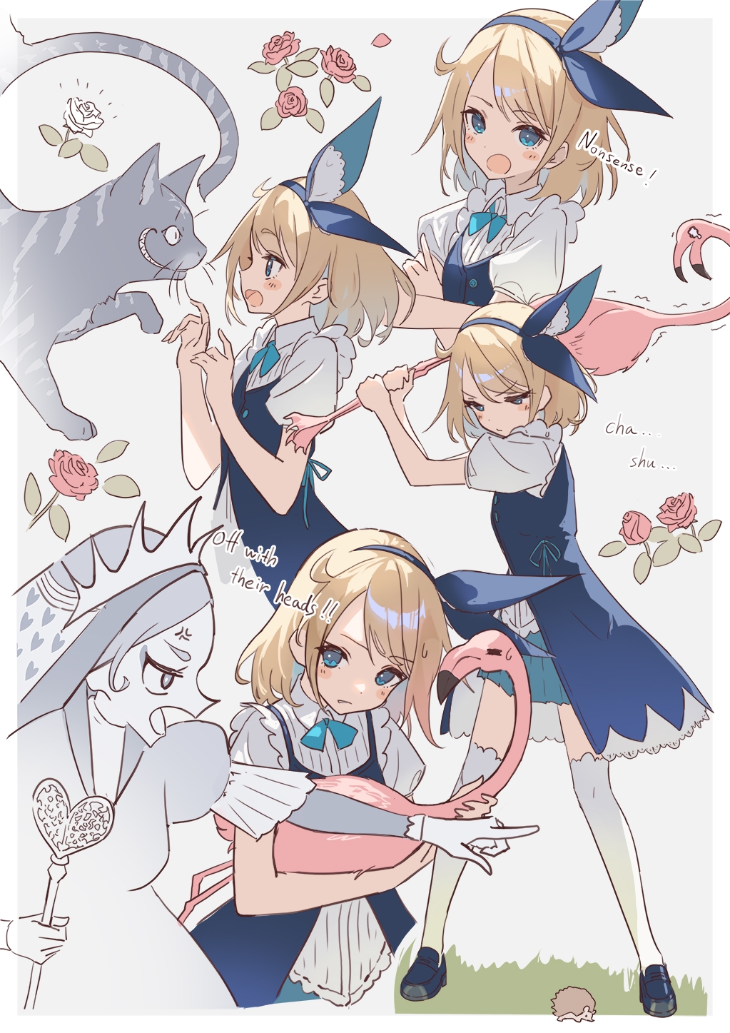 2girls alice_(alice_in_wonderland) alice_in_wonderland animal bird blonde_hair blue_eyes blue_footwear blue_hairband cheshire_cat_(alice_in_wonderland) crossed_arms flamingo flower hairband hedgehog highres holding holding_animal holding_scepter multiple_girls multiple_views queen_of_hearts_(alice_in_wonderland) rose scepter thighhighs wakuseiy white_thighhighs