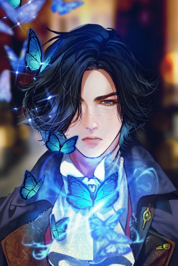 1boy ascot black_hair blue_butterfly blue_coat blue_eyes blurry blurry_background bug butterfly closed_mouth coat commentary expressionless freckles frown glowing_butterfly hair_over_one_eye korean_commentary lies_of_p looking_at_viewer male_focus open_clothes open_coat pinocchio_(lies_of_p) realistic red_vest sharkswamp shirt short_hair solo sparkle straight-on upper_body vest white_ascot white_shirt