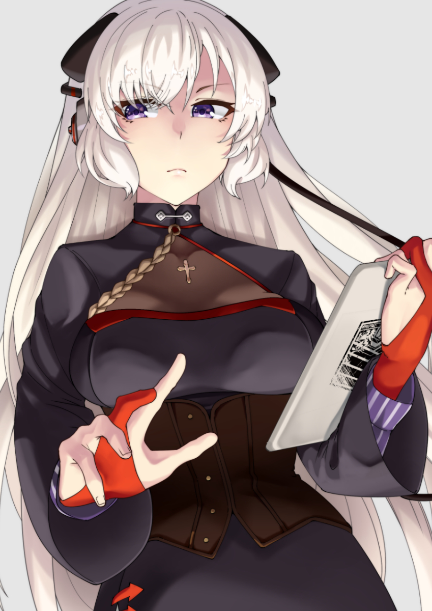 aiguillette black_shirt breasts brown_corset cleavage_cutout closed_mouth clothing_cutout commission corset cropped g3_(girls'_frontline) girls'_frontline hair_ornament highres holding holding_tablet_pc long_hair long_sleeves looking_to_the_side medium_breasts nakiusagi purple_eyes shirt skeb_commission tablet_pc upper_body very_long_hair white_hair wide_sleeves
