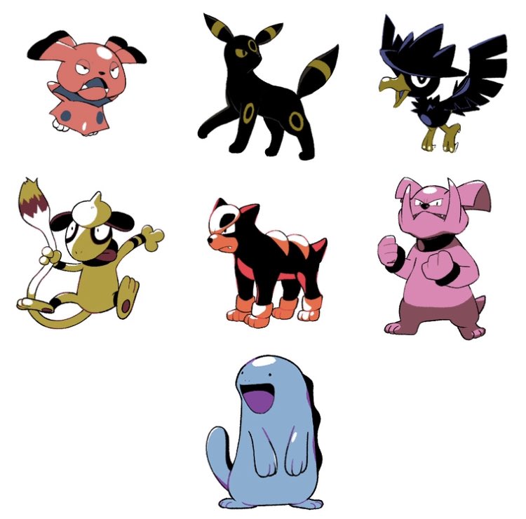 :d bird black_eyes bright_pupils clenched_hands fangs frown granbull houndour looking_back murkrow no_humans open_mouth pokemon pokemon_(creature) quagsire simple_background smeargle smile snubbull standing tongue tongue_out tyako_089 umbreon white_background white_pupils