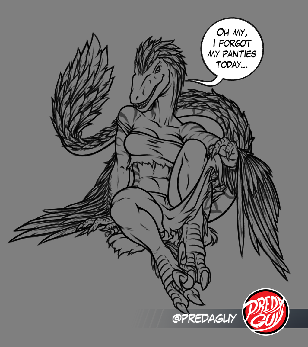 anthro bottomwear clothed clothing clothing_lift digitigrade dinosaur dromaeosaurid feathered_dinosaur feathered_dromaeosaurid feathered_tail feathers female loincloth long_tail predaguy reptile scalie sitting smile solo tail teasing theropod thick_tail uthalla velociraptor wings