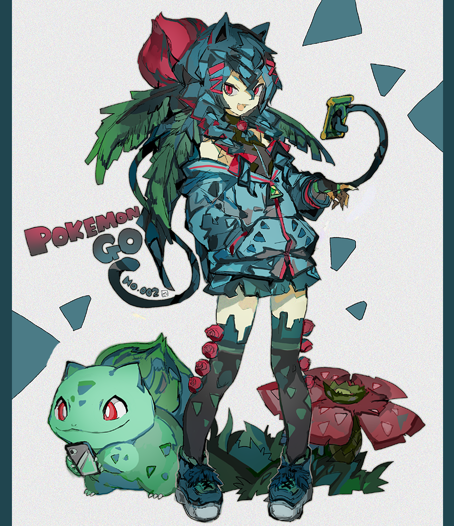 :d animal_ears blue_hair blue_jacket bulbasaur cellphone flower grass hair_between_eyes hand_in_pocket holding holding_phone ivysaur jacket kantarou_(8kan) long_hair personification phone plant pokedex_number pokemon pokemon_(creature) red_eyes shoes smartphone smile sneakers standing thighhighs venusaur vines