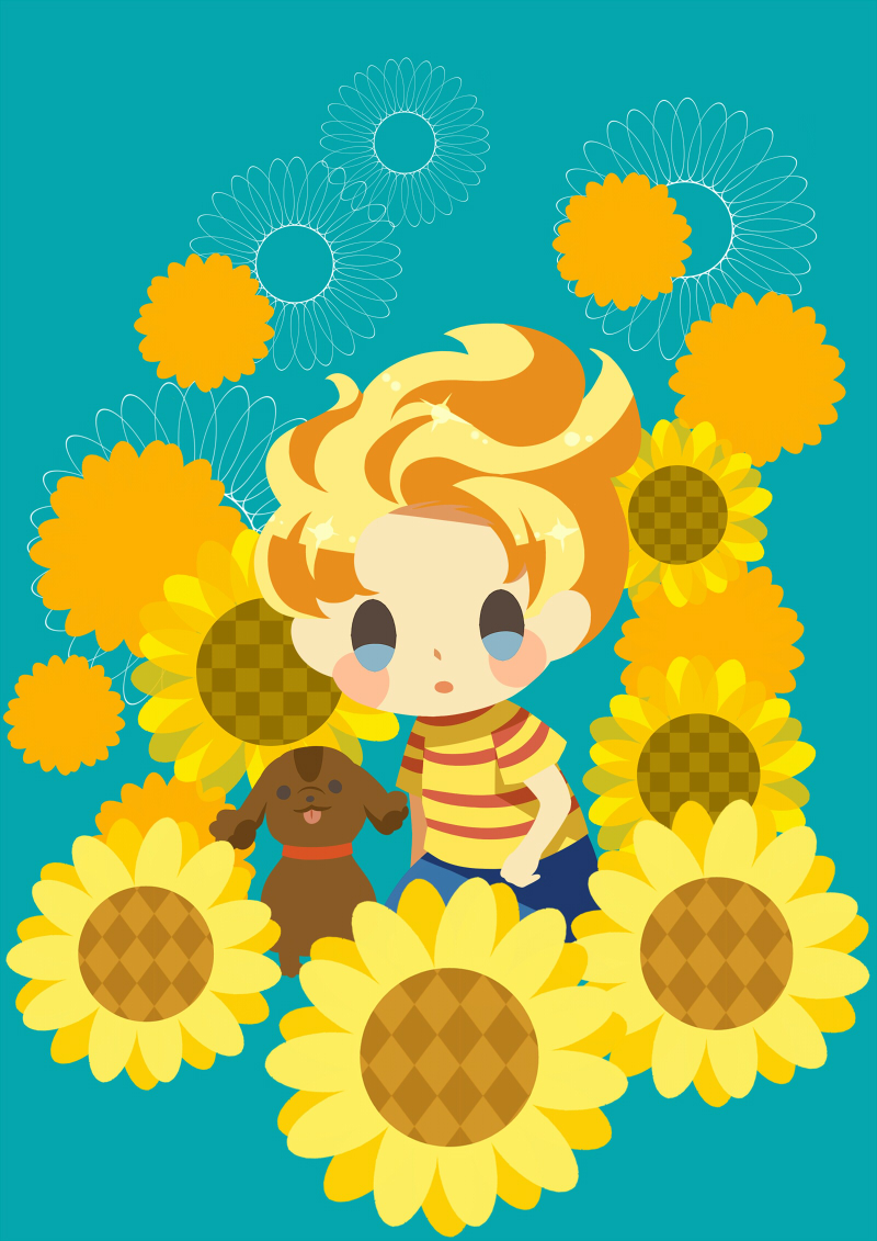 1boy animal blonde_hair blue_background blue_footwear blush_stickers boney brown_dog dog flower hitofutarai looking_at_viewer lucas_(mother_3) male_focus mother_(game) mother_3 open_mouth shirt short_hair short_sleeves solid_oval_eyes solo striped striped_shirt sunflower yellow_flower