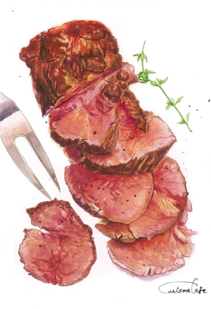 artworksmil beef carving_fork food food_focus no_humans original painting_(medium) roast_beef serving_spatula signature slice sliced sliced_meat still_life traditional_media watercolor_(medium)