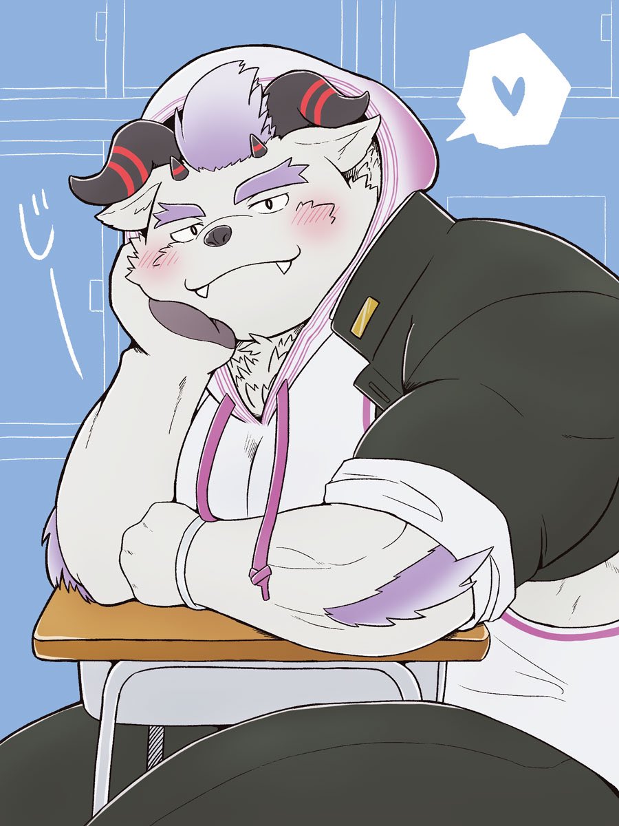 &lt;3 3:4 anthro behemoth_(housamo) blush clothing desk fur furniture hair hi_res hoodie horn lifewonders looking_at_viewer male monster overweight purple_hair sitting solo table tokyo_afterschool_summoners topwear tyumuta_03 white_body white_fur