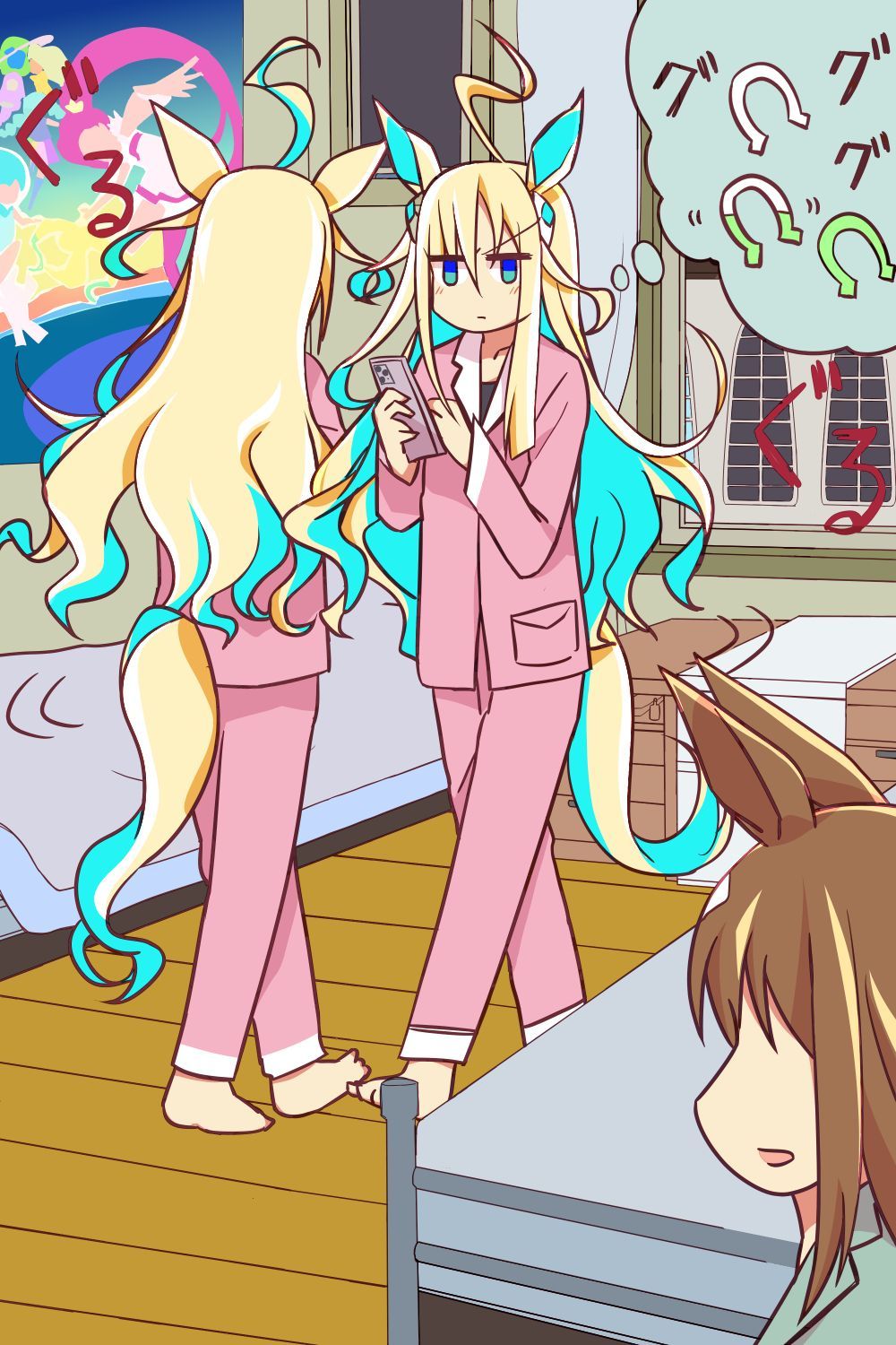 2girls ahoge animal_ears barefoot bed bedroom blonde_hair blue_eyes blue_hair brown_hair cellphone colored_inner_hair commentary_request full_body gradient_hair hair_between_eyes highres holding holding_phone horse_ears horse_girl horse_tail horseshoe multicolored_hair multiple_girls neo_universe_(umamusume) nightstand pajamas phone pink_pajamas smartphone streaked_hair tail thought_bubble umamusume v-shaped_eyebrows wahiko_(black_bastard) wooden_floor