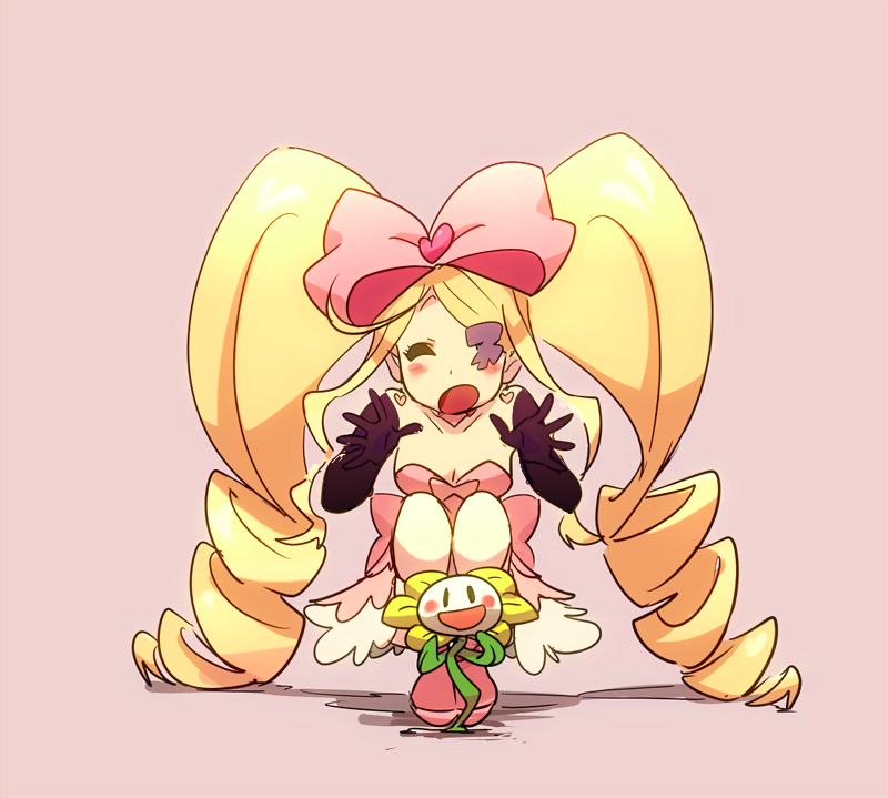 amputee armless_amputee big_hair blush bow breasts cleavage cosplay double_amputee dress drill_hair eyepatch flowey_(undertale) from_behind gyosone harime_nui huge_bow kill_la_kill kiryuuin_ragyou kiryuuin_ragyou_(cosplay) pink_bow pink_footwear prosthesis prosthetic_arm strapless strapless_dress twin_drills undertale