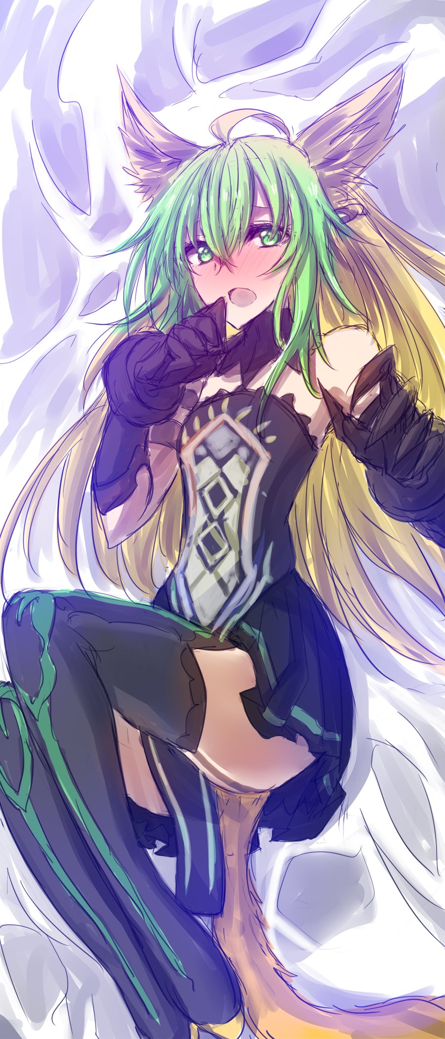 1girl ahoge animal_ears atalanta_(fate) black_dress black_gloves black_thighhighs blonde_hair blush dress embarrassed fate/apocrypha fate_(series) floating full_body gloves gradient_hair green_hair hand_up highres himo long_hair looking_at_viewer multicolored_hair open_mouth pelvic_curtain simple_background sketch solo strapless strapless_dress thighhighs white_background yellow_tail