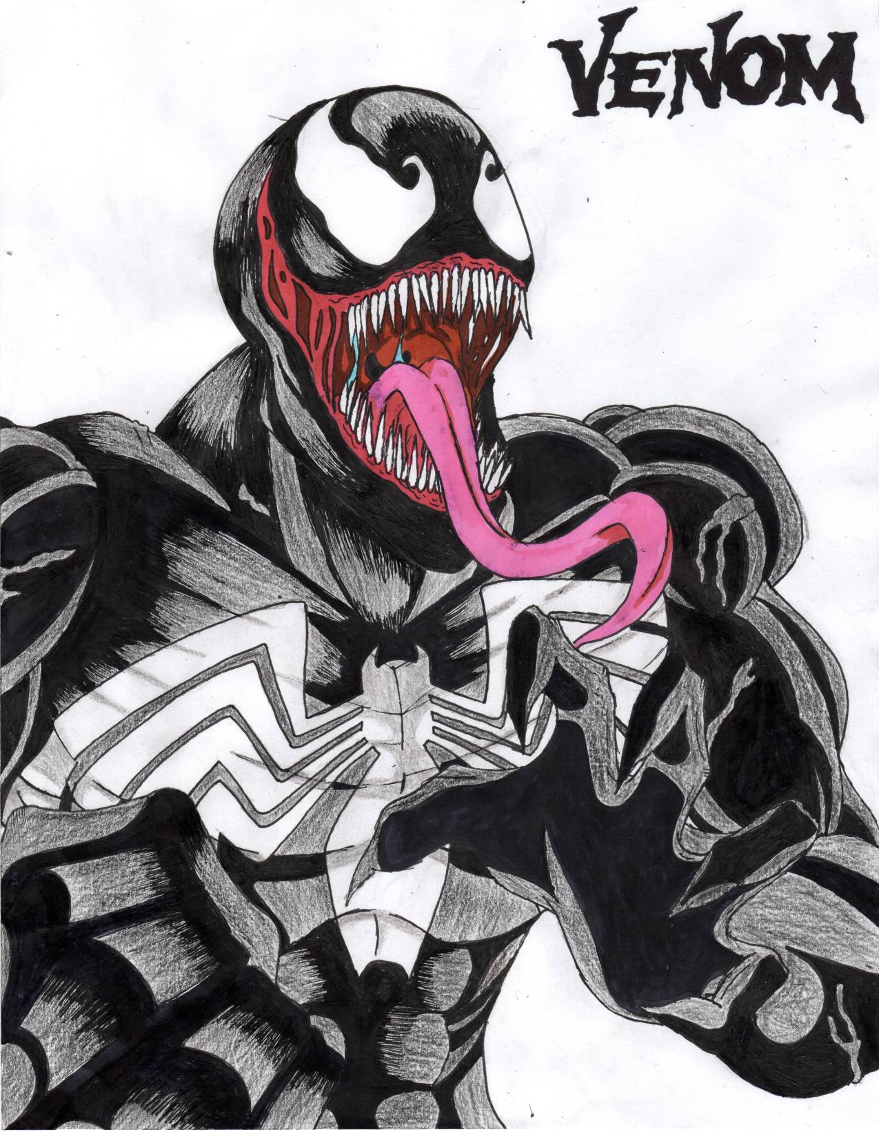 alien hi_res humanoid long_tongue male marvel muscular not_furry open_mouth sharp_teeth solo suicidal-andrade666 symbiote teeth tongue tongue_out traditional_media_(artwork) venom_(marvel)