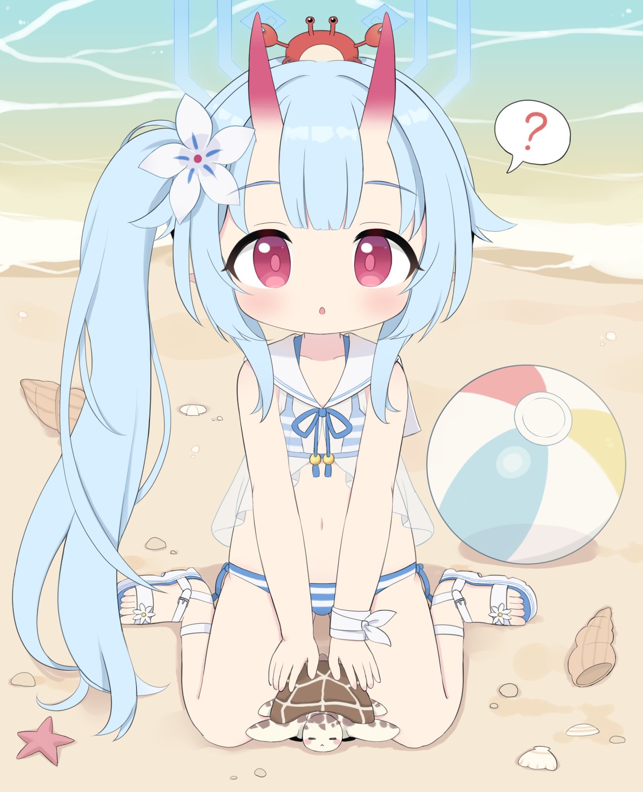 1girl ? animal animal_on_head ball beach beachball bikini blue_archive blue_hair blue_halo blush chise_(blue_archive) chise_(swimsuit)_(blue_archive) collarbone crab flower hair_flower hair_ornament halo highres horns long_hair ocean official_alternate_costume on_head oni_horns parted_lips poco_(zdrq3) red_eyes red_horns sailor_collar sandals side_ponytail sitting solo spoken_question_mark starfish striped striped_bikini swimsuit turtle wariza water white_flower white_sailor_collar