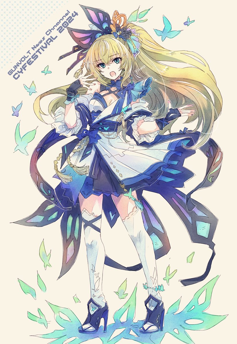 1girl artist_name azure_striker_gunvolt blonde_hair breasts bug butterfly butterfly_hair_ornament cleavage detached_collar dress fingerless_gloves full_body gloves green_eyes hair_ornament high_heels high_ponytail highres idol large_breasts long_hair lumen_(gunvolt) simple_background solo thighhighs white_dress white_thighhighs yamo_(sky2world)