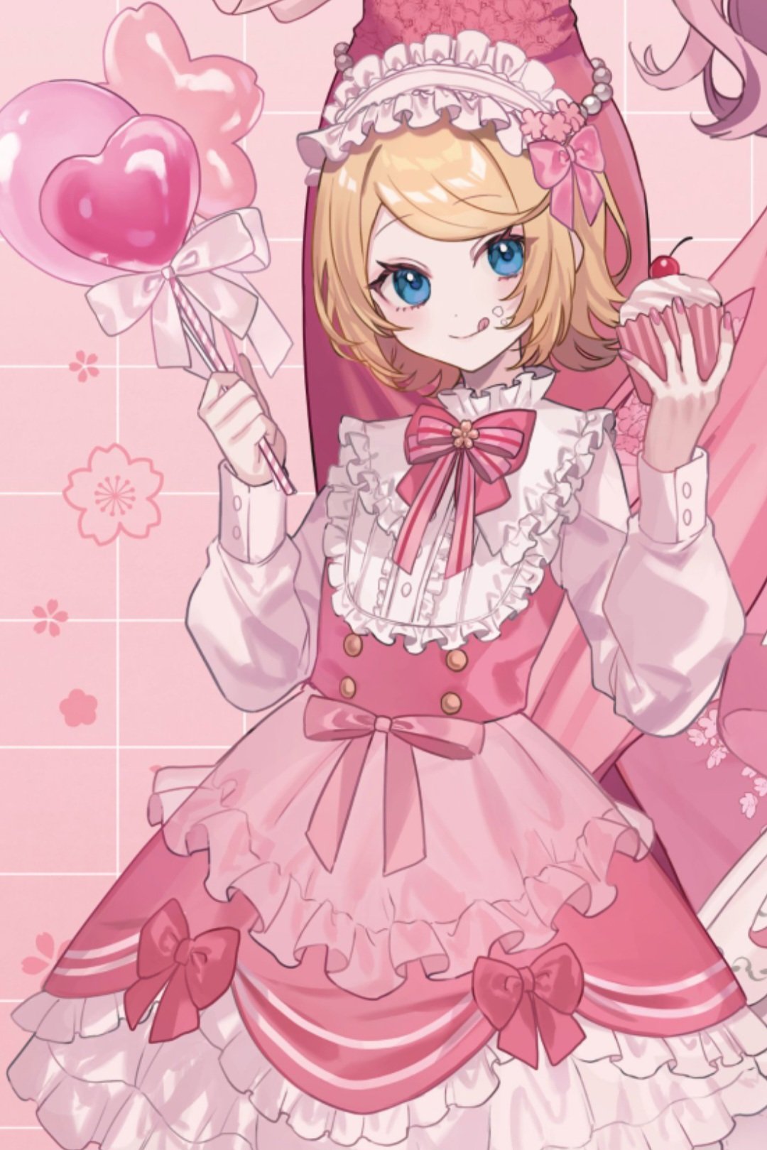 1girl :p blonde_hair blue_eyes bow cherry cherry_blossom_background cherry_blossoms cowboy_shot cupcake dress floral_background flower food fruit hair_ribbon heart highres holding holding_food holding_staff kagamine_rin licking_lips looking_at_viewer maid maid_headdress mimi_mine pink_background pink_bow pink_dress pink_ribbon pink_theme ribbon short_hair smile solo staff tile_background tongue tongue_out upper_body vocaloid white_sleeves