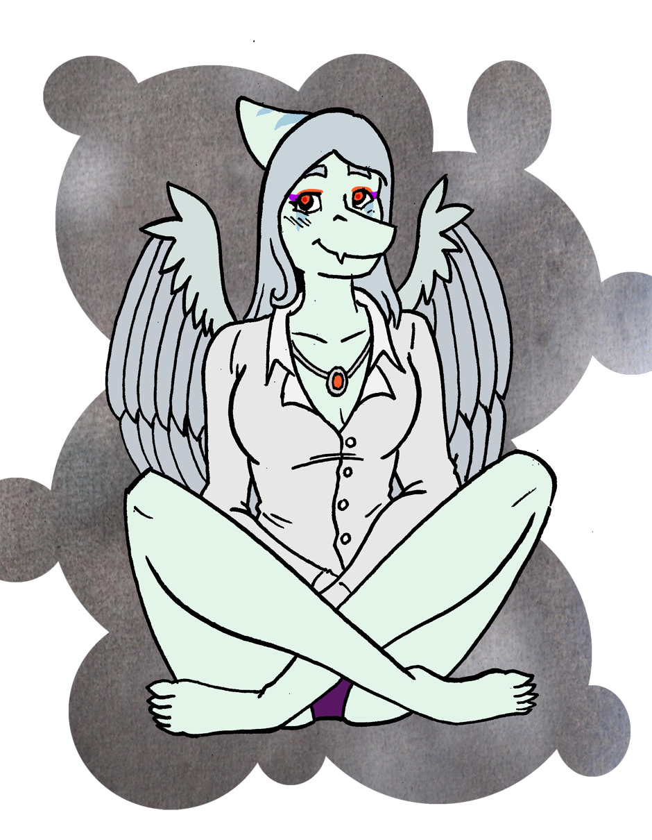 5_toes alpha_channel amber_(gem) amber_(material) amber_eyes anthro blue_body blue_scales bone_frill breasts cleavage clothed clothing dress_shirt eyeshadow fang_(gvh) feathered_wings feathers feet female frill_(anatomy) goodbye_volcano_high grey_body grey_feathers hair head_crest head_frill hi_res humanoid_feet jewelry looking_at_viewer makeup necklace panties plantigrade pterodactylus pterosaur purple_clothing purple_panties purple_underwear reptile scales scalie shirt silver_hair simple_background sitting smile snoot_game solo striped_frill theviktor toes topwear transparent_background underwear wings
