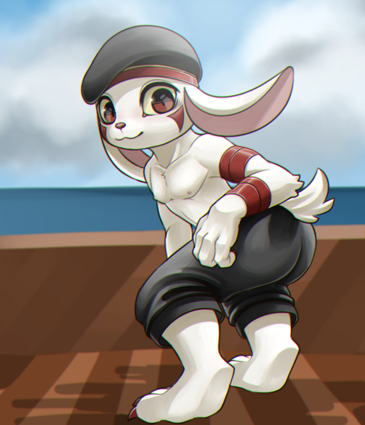 barefoot beret clothing crouching digitigrade hat lagomorph leather_strap looking_at_viewer looking_back male mammal nipples pants rabbit slim solo standing theyamori