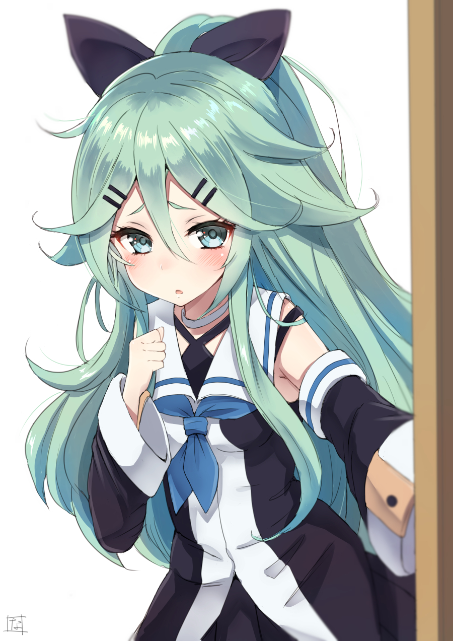 aqua_eyes aqua_hair bangs black_ribbon black_serafuku black_skirt blue_neckwear blurry blush clenched_hand commentary_request depth_of_field detached_sleeves hair_between_eyes hair_ornament hair_ribbon hairclip highres kantai_collection long_hair looking_at_viewer nayuhi_(yukimuu14) neckerchief open_door outstretched_arm parted_bangs pleated_skirt ponytail ribbon school_uniform serafuku sidelocks skirt solo wide_sleeves yamakaze_(kantai_collection)