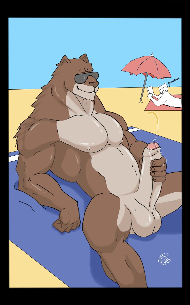 balls beach bedding biceps big_balls big_penis blanket canine eatmybuns ejaculation eyewear fingers fur lying mammal masturbation musclegut muscular nipples partially_retracted_foreskin penis precum seaside solo sunglasses text umbrella uncut wolf