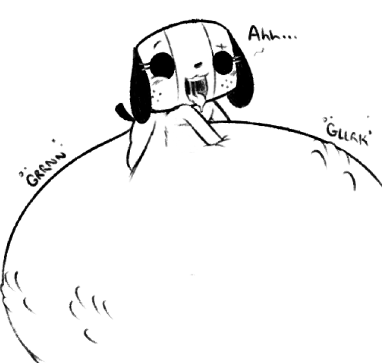 ... abdominal_bulge anthro belly big_belly blush button_(disambiguation) canine console digestion dog drooling english_text female girly mammal monochrome nintendo nintendo_switch oral_vore saliva solo spaghettiz switch switch_dog teeth text throat tongue video_games vore