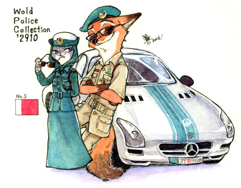 arabic belt black_fur black_nose button_(disambiguation) canine car claws clothing disney dress duo eyewear female flag fox fur gloves_(marking) green_eyes grey_fur half-closed_eyes hat inner_ear_fluff judy_hopps lagomorph long_ears male mammal markings necktie nick_wilde orange_fur paws pink_nose plant police_uniform purple_eyes rabbit size_difference smile sunglasses tall text uniform vehicle wheel white_fur zootopia 一膳