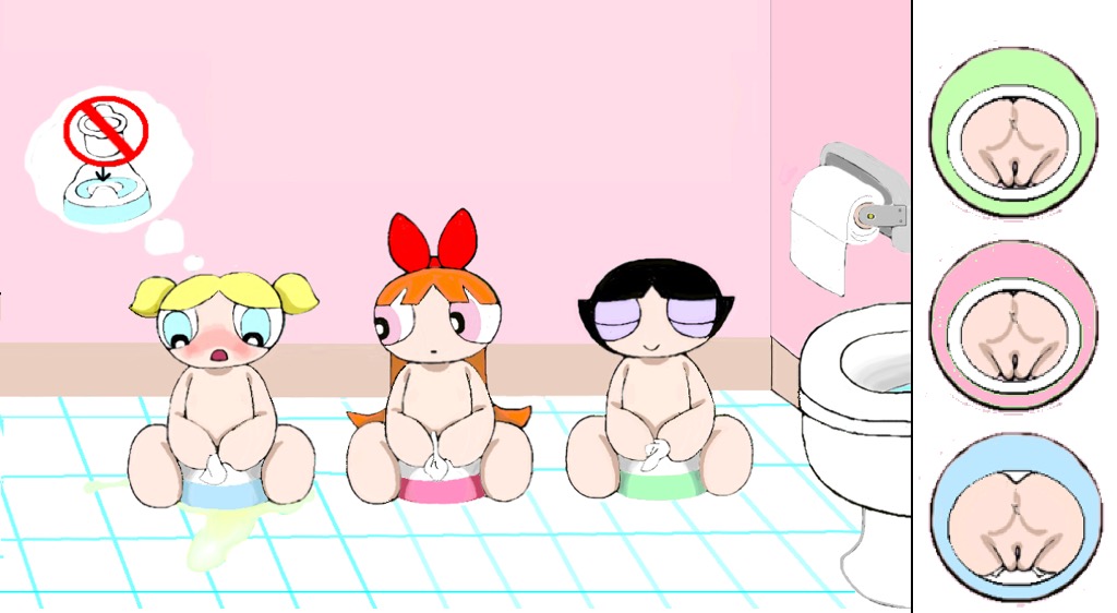 3_girls accident anus bathroom black_hair blonde_hair blossom blue_eyes bubbles buttercup desperation embarrassed eyes_closed green_eyes humiliation nude orange_hair peeing pink_eyes potty squatting toilet toilet_paper