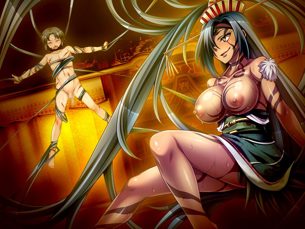 1boy 1girl areolae barefoot black_hair bondage breasts brown_eyes censored defeated dieselmine eyes_closed feet femdom hat injury large_breasts long_hair monster_girl nipples nude okasare_yuusha_iii open_mouth penis saliva short_hair sitting skirt smile spread_legs suspended sweat topless whip_marks