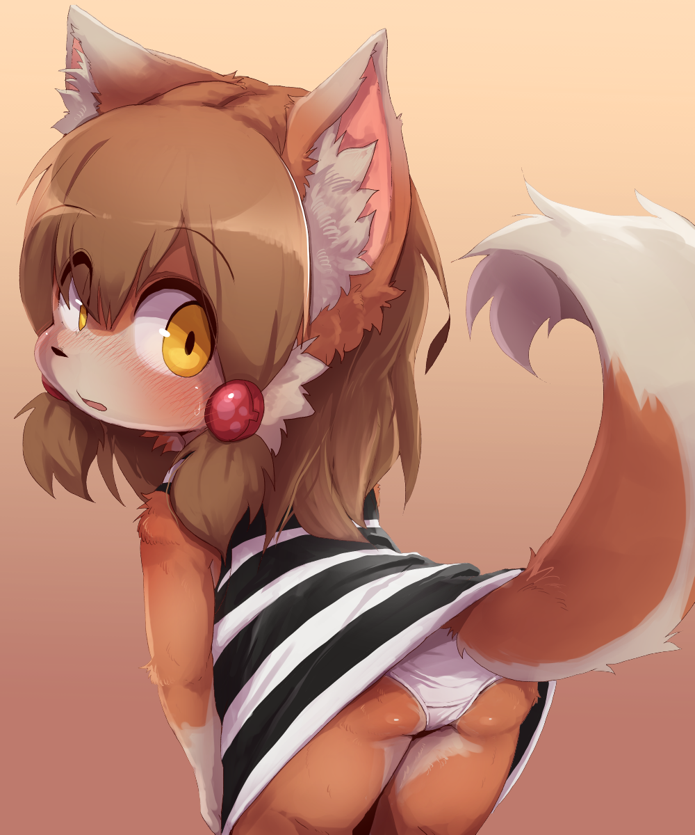 2017 ambiguous_gender anthro bent_over big_eyes blush brown_fur brown_hair butt canine clothing cub dagasi dress fox fur gradient_background hair inner_ear_fluff kemono looking_at_viewer looking_back mammal panties panty_shot perro-kun simple_background solo underwear white_fur yellow_eyes young