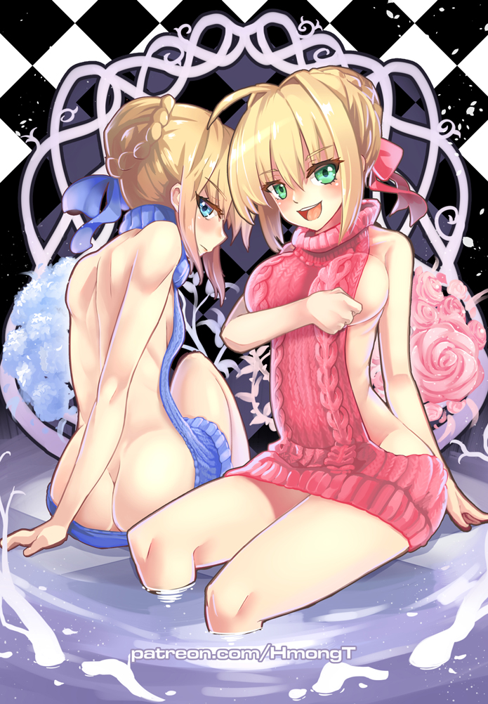 :d ahoge aran_sweater argyle argyle_background arm_behind_back artoria_pendragon_(all) ass backless_dress backless_outfit bare_back bare_shoulders blonde_hair blue_eyes blue_ribbon blue_sweater blush breasts closed_mouth commentary dress eyebrows_visible_through_hair fate/extella fate/extra fate/grand_order fate/stay_night fate_(series) flower from_behind full_body green_eyes hair_between_eyes hair_intakes hair_ribbon halterneck head_tilt looking_at_viewer looking_back medium_breasts meme_attire multiple_girls naked_sweater nero_claudius_(fate) nero_claudius_(fate)_(all) no_panties open_mouth phandit_thirathon pink_flower pink_ribbon pink_rose pink_sweater profile ribbon rose saber smile sweater sweater_dress turtleneck turtleneck_sweater virgin_killer_sweater watermark web_address