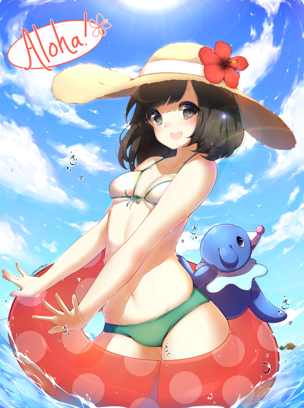 :d artist_name bangs bare_shoulders bikini black_eyes black_hair blue_sky blush breasts bubble cleavage cloud cloudy_sky day english eyebrows_visible_through_hair floral_print flower front-tie_bikini front-tie_top gen_7_pokemon green_panties hat hat_flower hibiscus highres innertube looking_at_viewer mizuki_(pokemon) navel ocean open_mouth panties pokemon pokemon_(creature) pokemon_(game) pokemon_sm polka_dot popplio rainbow short_hair sky small_breasts smile solo sparkle speech_bubble straw_hat sun sunlight swimsuit teeth thighs underboob underwear wading water weeniedesu