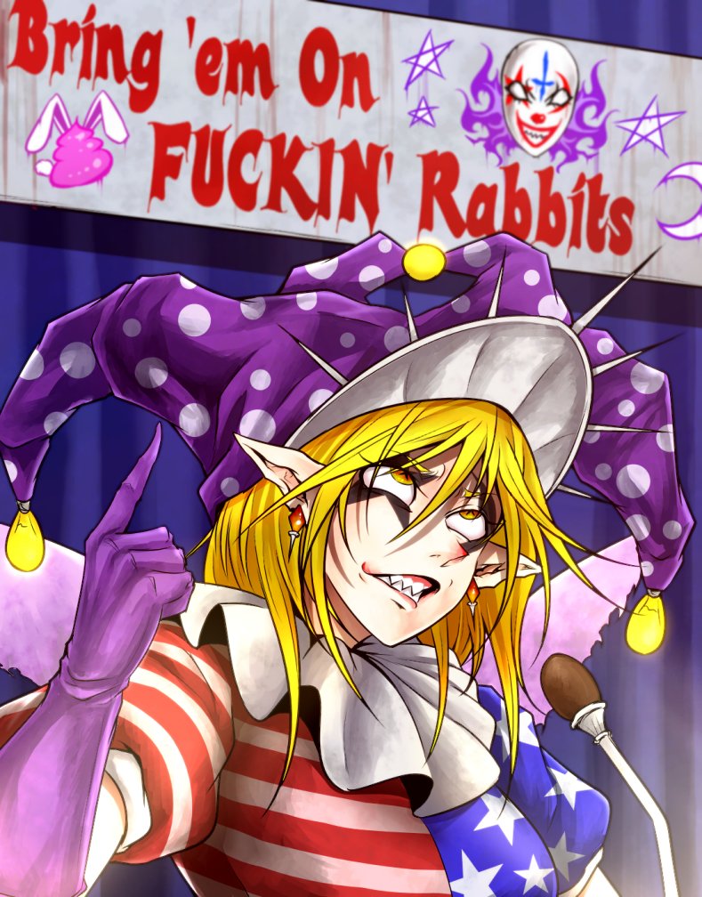 american_flag_dress animal_ears blonde_hair bunny_ears clown clownpiece commentary_request cosplay crescent_moon cross donald_trump donald_trump_(cosplay) earrings english fairy_wings gloves grin hat jester_cap jewelry light_bulb mask microphone moon pointing polka_dot poop profanity ryuuichi_(f_dragon) sharp_teeth smile star striped teeth touhou wings yellow_eyes