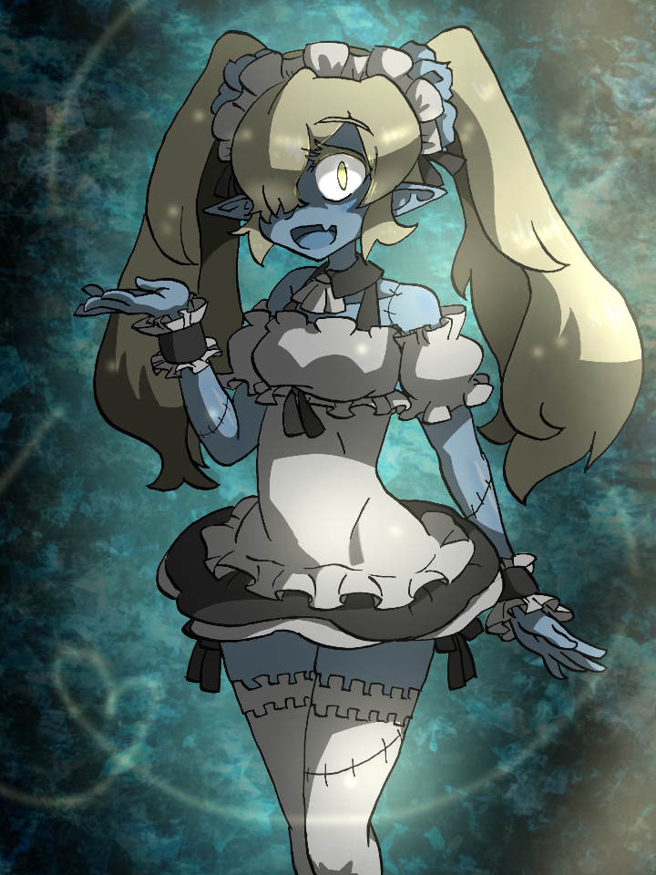 1girl apron blue_skin disgaea hair_over_one_eye maid maid_(disgaea) maid_apron makai_senki_disgaea_5 pointy_ears thighhighs twintails yellow_eyes zombie