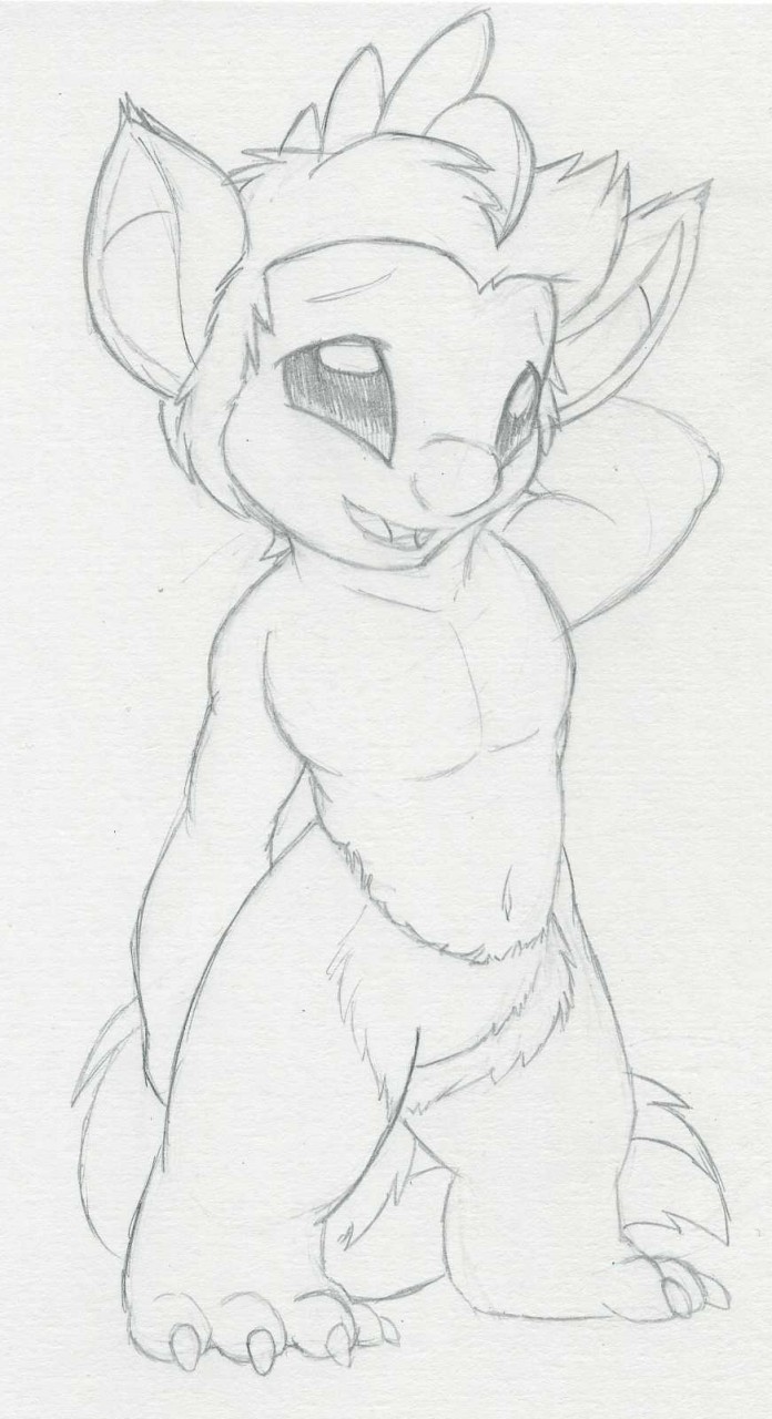 alien anthro athletic crest disney experiment_(species) fan_character featureless_crotch fluffy fluffy_tail half-human lilo_and_stitch male monochrome navel open_mouth ovni pencil_(artwork) petrock pointy_ears rubbing_head sgy slim traditional_media_(artwork)