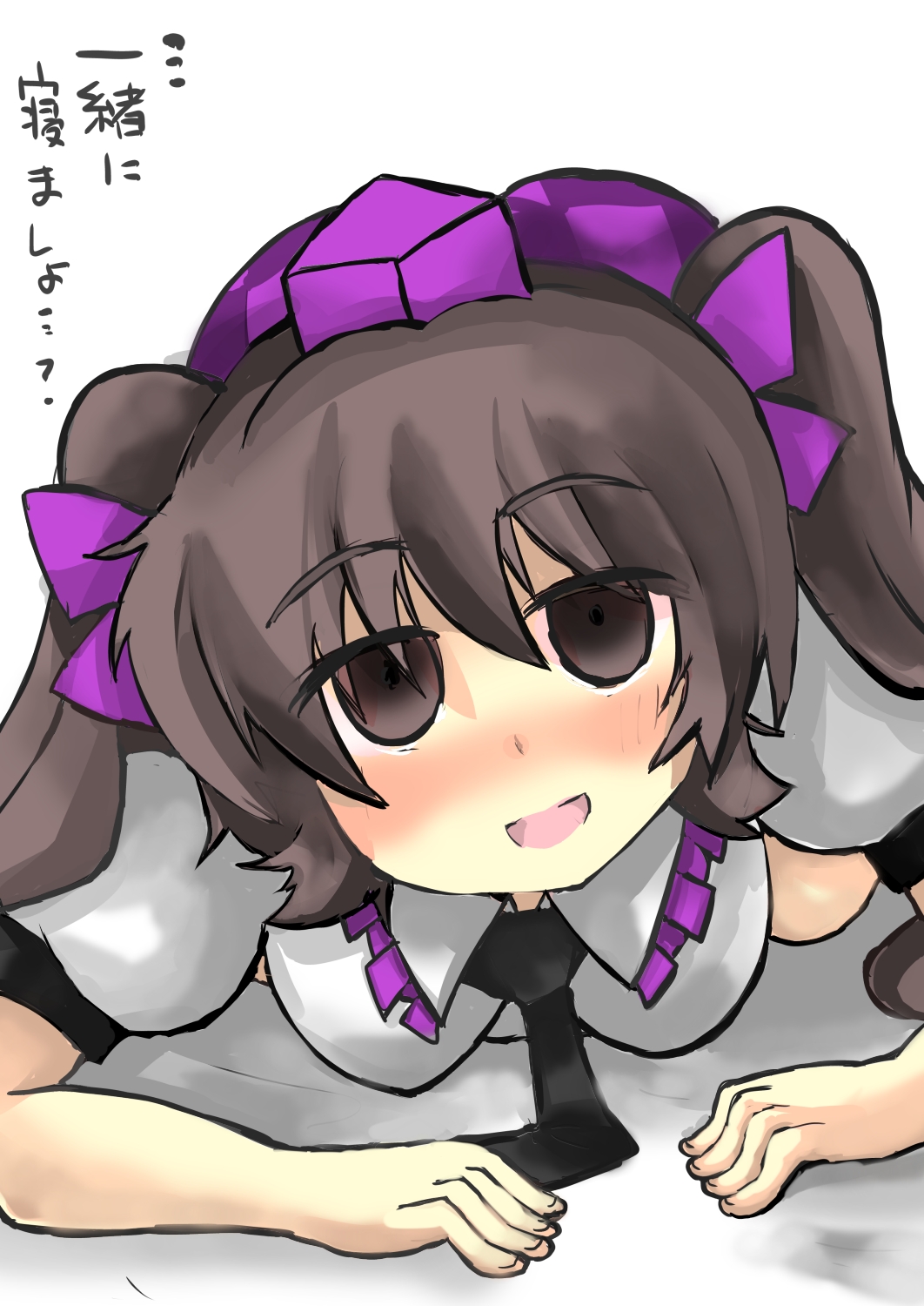 ass bad_hands breasts brown_eyes brown_hair commentary empty_eyes gaoo_(frpjx283) hair_ribbon hat hata-tan highres himekaidou_hatate kneeling looking_at_viewer necktie ribbon solo tokin_hat touhou translated twintails yandere