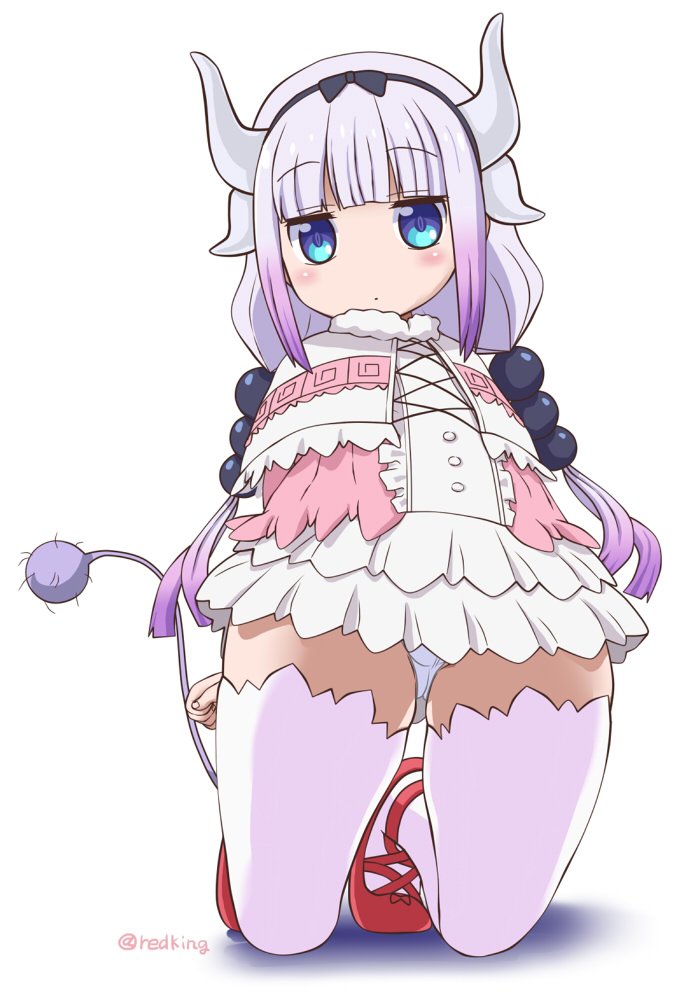 akadama bangs blue_eyes closed_mouth commentary_request dragon_girl dragon_tail from_below full_body gothic_lolita gradient hair_ornament hairband high_heels horns kanna_kamui kobayashi-san_chi_no_maidragon lolita_fashion long_hair looking_at_viewer panties purple_hair simple_background solo straight_hair tail thighhighs twintails underwear upskirt white_panties