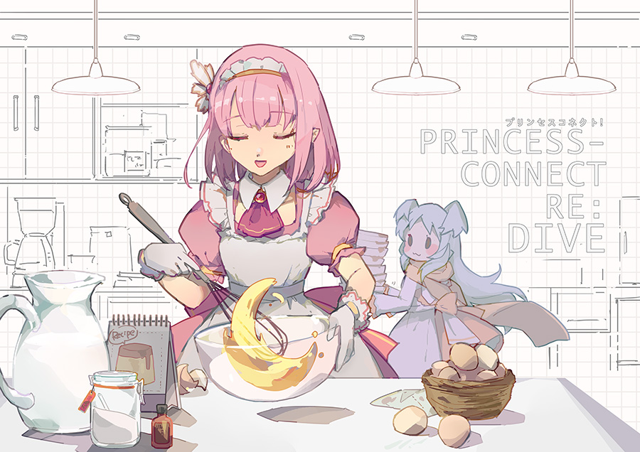 2girls :3 :d apron ascot bangs blue_dress blue_hair blush blush_stickers bowl closed_mouth collar commentary_request detached_collar dress egg eyebrows_visible_through_hair eyes_closed facing_viewer gloves holding holding_bowl izumo_miyako jug long_hair maid maid_apron multiple_girls open_mouth pink_dress pink_hair princess_connect! princess_connect!_re:dive puffy_short_sleeves puffy_sleeves red_neckwear shadowsinking short_sleeves smile solid_oval_eyes transparent two_side_up very_long_hair whisk white_apron white_collar white_gloves wing_collar yui_(princess_connect)