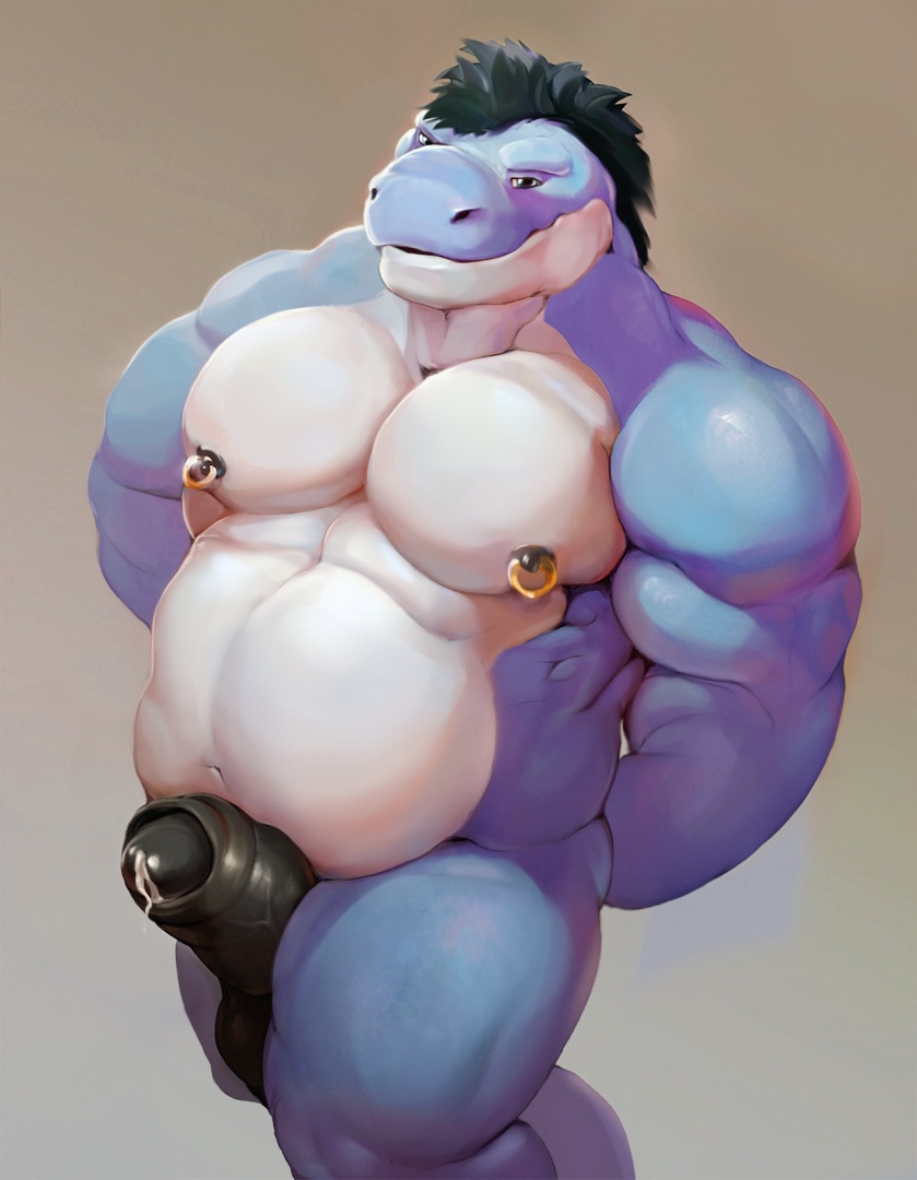 anthro balls big_muscles black_hair cum dinosaur erection hair krokodainer lizzard male musclegut muscular nipple_piercing nipples penis piercing precum scalie solo thick_penis uncut