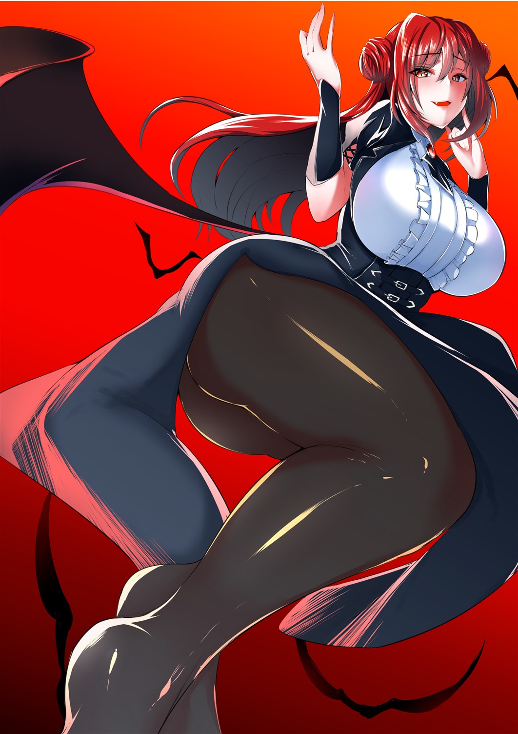 1girl artist_request ass blush breasts curvy double_bun dress erze_(king's_raid) fang highres king's_raid large_breasts long_hair looking_at_viewer open_mouth pantyhose red_background red_eyes red_hair shiny shiny_clothes shiny_hair smile solo thick_thighs thighs vampire wings
