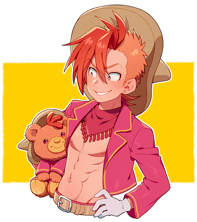 abs bandana belt bright_pupils cropped_jacket disney ear_piercing gloves hand_on_hip jacket kiri_futoshi male_focus multicolored_hair nipples orange_hair panchito_pistoles personification piercing red_eyes shirtless signature simple_background smile solo stuffed_animal stuffed_toy teddy_bear the_three_caballeros two-tone_hair white_gloves yellow_background