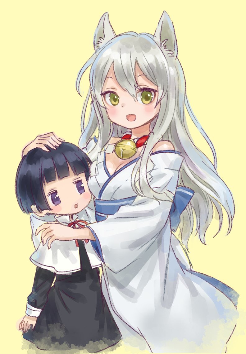 :d ama-tou animal_ears bangs bell bell_collar blunt_bangs blush_stickers bowl_cut breasts capelet child cleavage collar commentary dress ear fox_ears genderswap genderswap_(mtf) gugure!_kokkuri-san hair_between_eyes hand_on_another's_head height_difference hug ichimatsu_kohina japanese_clothes jitome jpeg_artifacts kimono kokkuri-san_(gugukoku) long_hair long_sleeves looking_at_breasts looking_at_viewer medium_breasts multiple_girls neck_ribbon obi open_mouth purple_eyes ribbon sash short_hair silver_hair simple_background sleeve_cuffs smile traditional_clothes wide_sleeves yellow_background yellow_eyes