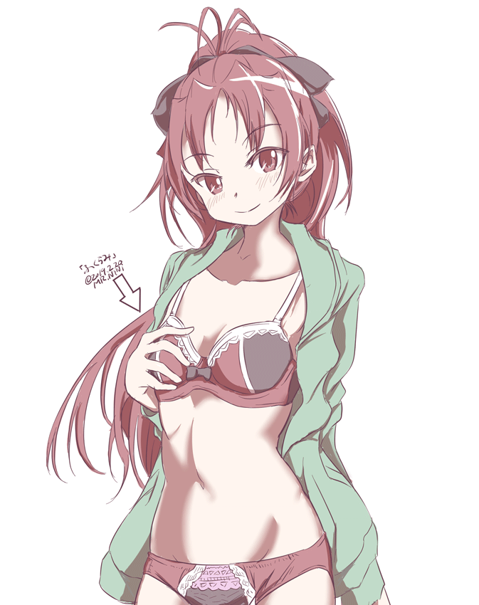 1girl ahoge blush bra breasts cleavage cowboy_shot green_hoodie groin hand_on_own_chest hood hoodie lace lace-trimmed_bra lace-trimmed_panties mahou_shoujo_madoka_magica mr_nini navel open_clothes panties pink_eyes pink_hair ponytail sakura_kyouko small_breasts smile solo translation_request underwear